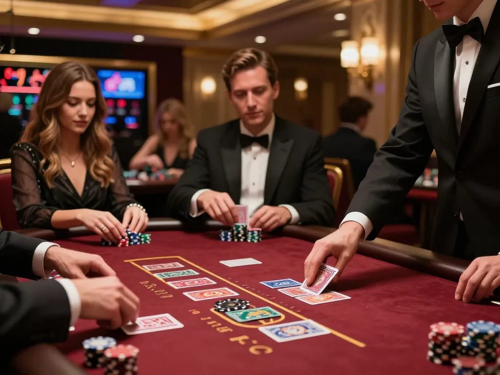 Players at tr88's blackjack table strategically placing bets and engaging with the dealer.