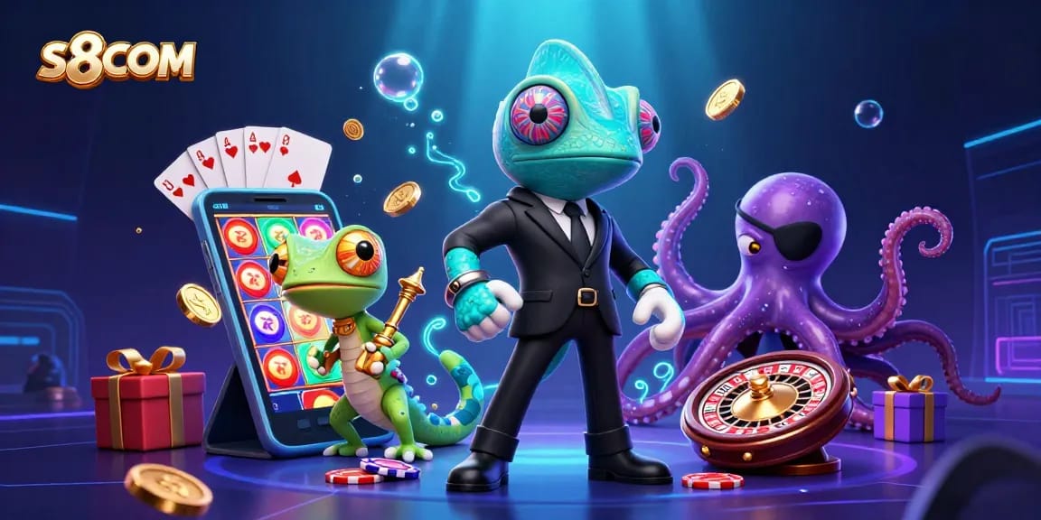 Engage with thrilling games at S8COM, featuring a vibrant 3D casino scene with colorful gambling elements.