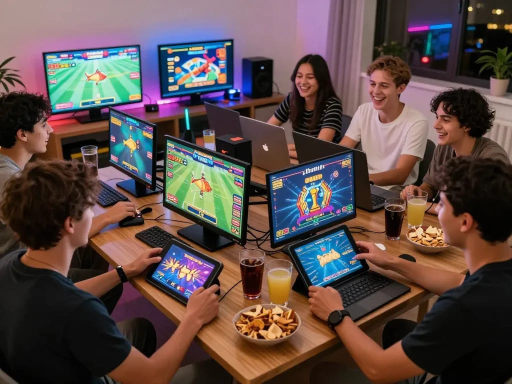 Friends enjoying TR88 online gaming experience in a vibrant living room