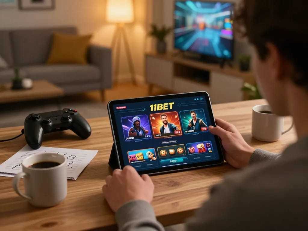 Player enjoying the 11BET casino app in a cozy home setting with a stylish desk.
