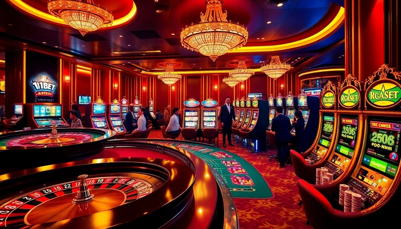 Experience thrilling gambling action with 11bet, featuring roulette wheels and vibrant slot machines.