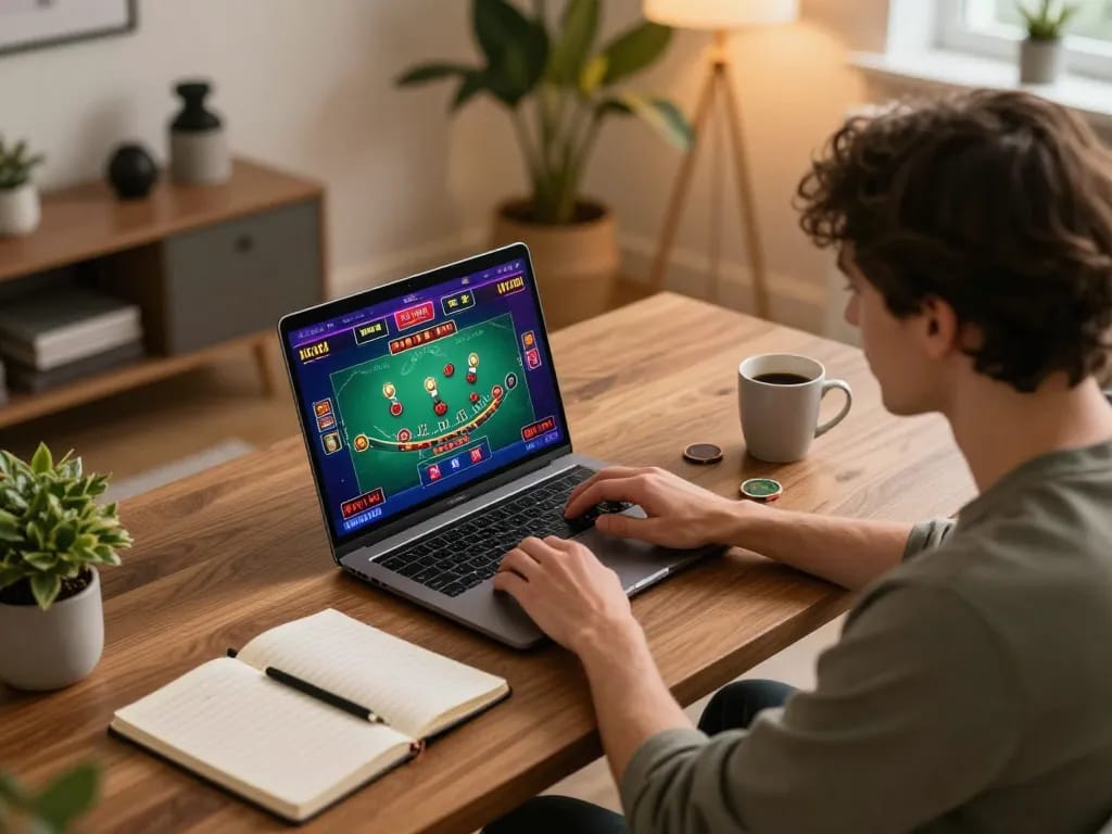 Player engaged in an online blackjack game on 678vip, showcasing strategic gambling in a cozy home setting.