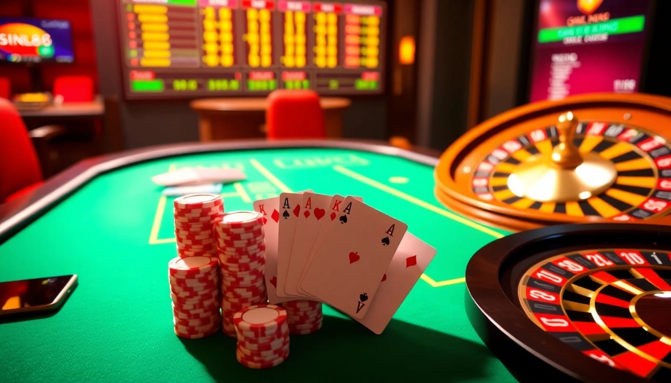 Players engaging in a thrilling online gambling experience at sin88 casino, showcasing blackjack tables and vibrant gaming atmosphere.