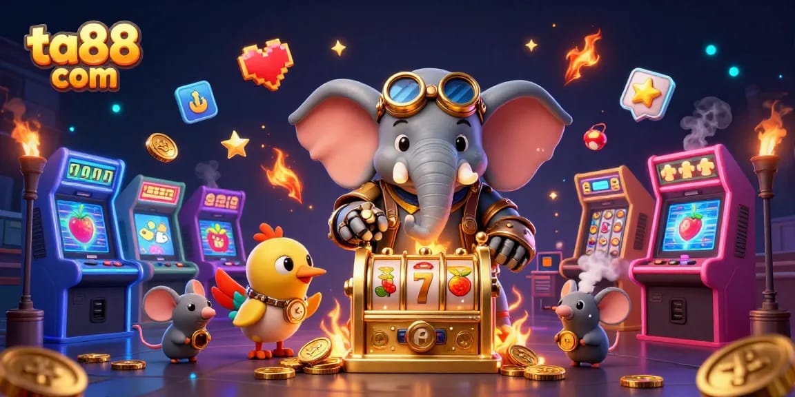 Spin the golden slot machine at ta88 com, featuring lively steampunk characters!
