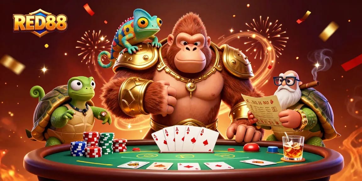Red88 showcases a powerful gorilla king and companions, celebrating poker excitement with vibrant casino elements.