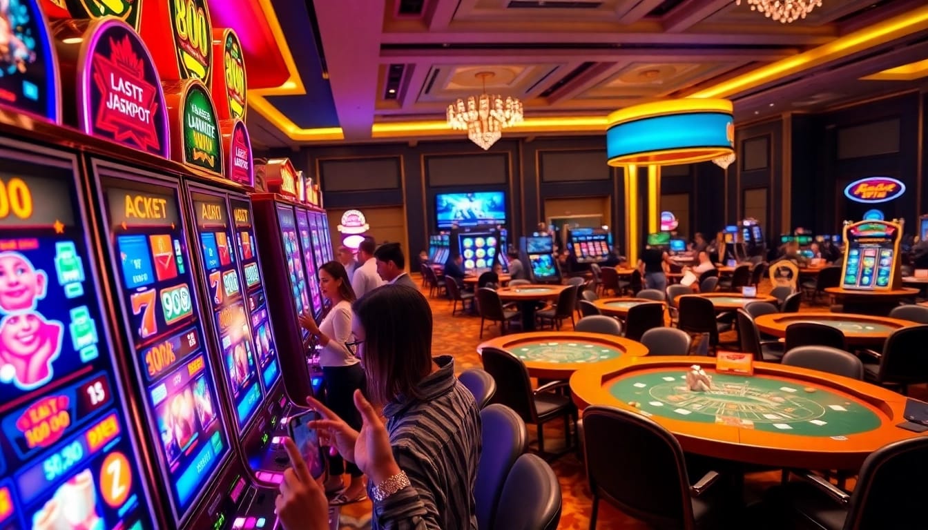 The thrill of slot deposit pulsa action at a luxurious casino with vibrant game displays and excited players.
