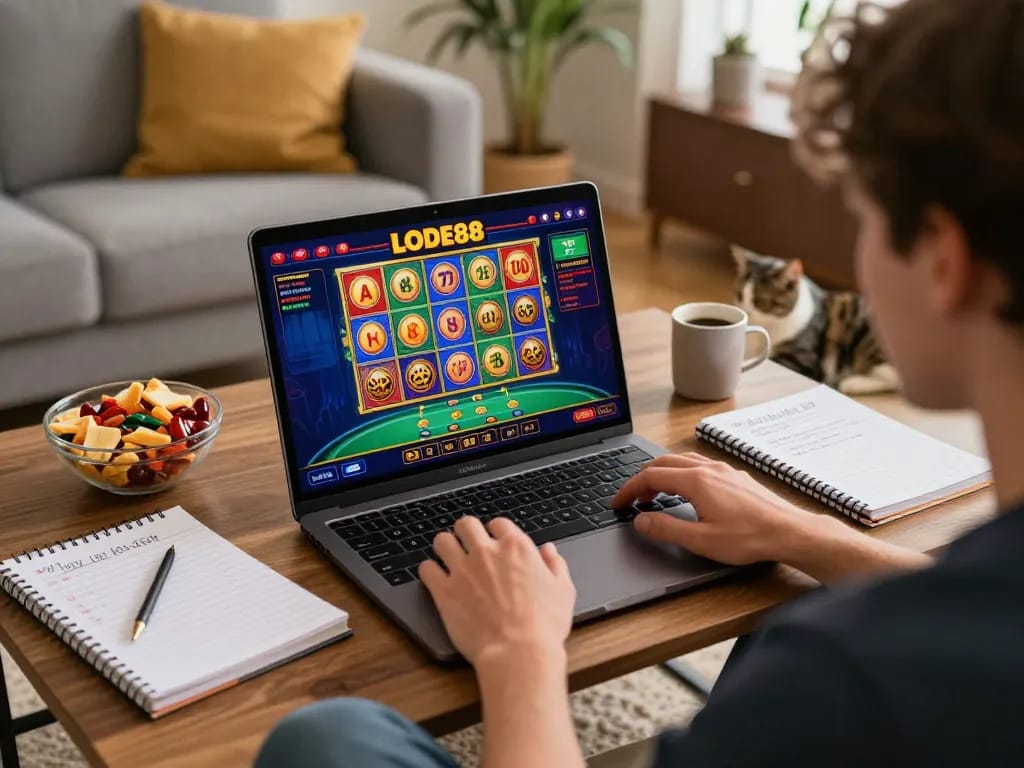 LODE88 gaming experience at home, showcasing online slots and poker table on laptop.