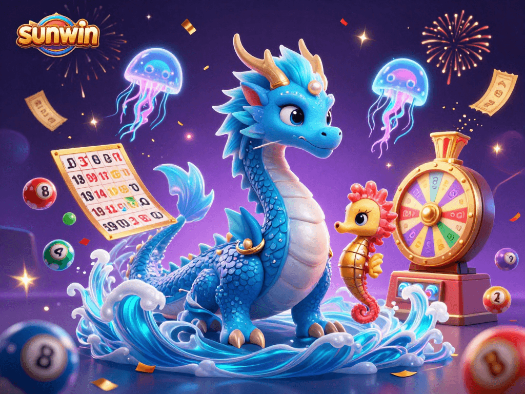 Engage with sunwin's vibrant 3D casino scene featuring a dragon, seahorse knight, and glowing jellyfish.