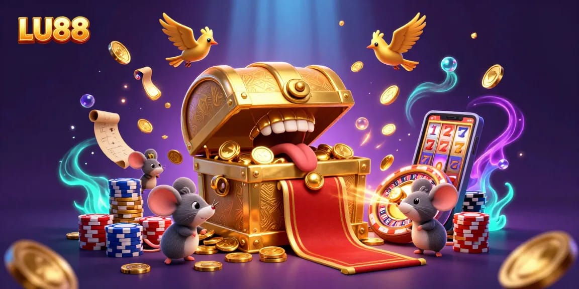 LU88 attracts players with a vibrant 3D casino scene filled with treasure and exciting games.