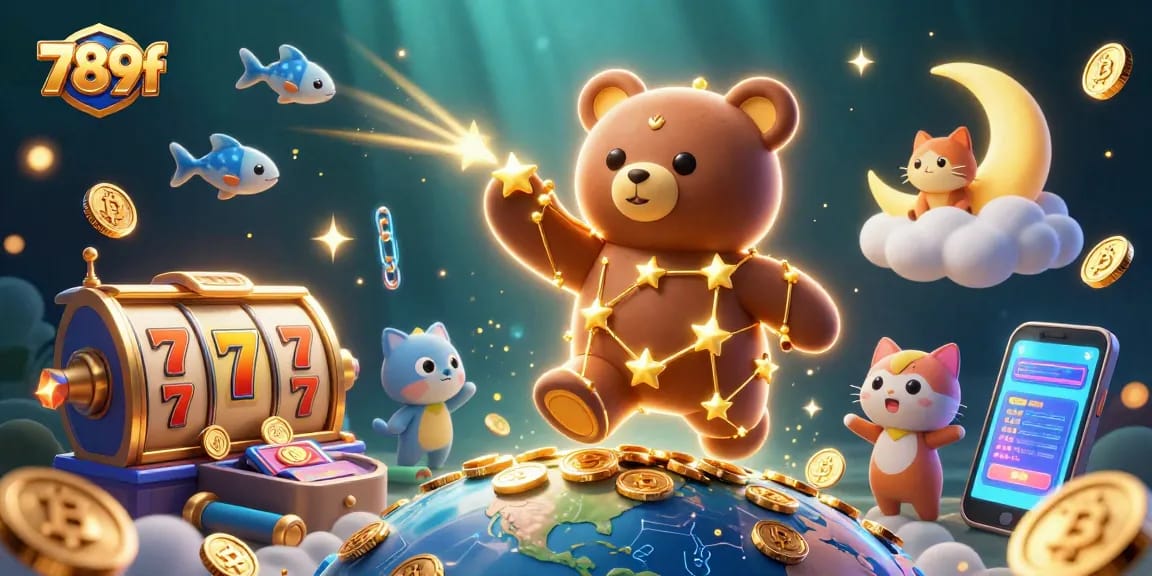 Win big with 789f in a vibrant casino-themed scene featuring dazzling slot reels and gold coins.
