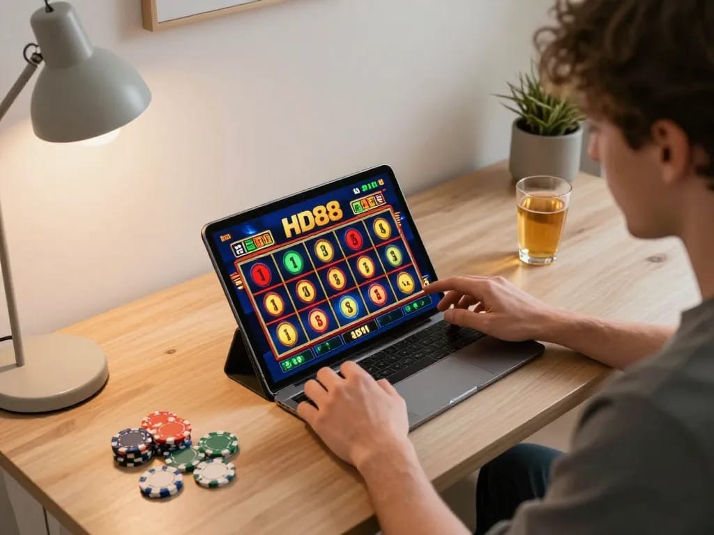 Experience thrilling gameplay at HD88 by engaging with colorful slot machines on a tablet.