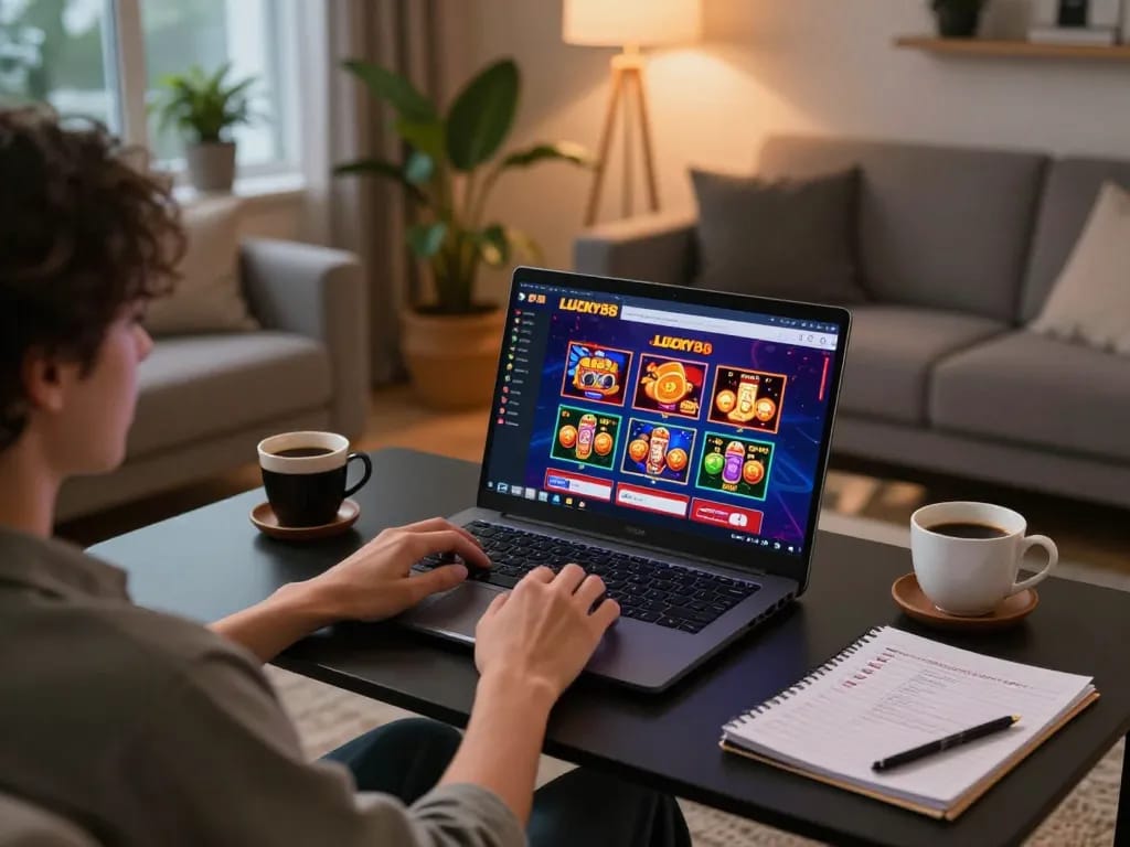 Player enjoying LUCKY88's online casino experience from a cozy home setting.