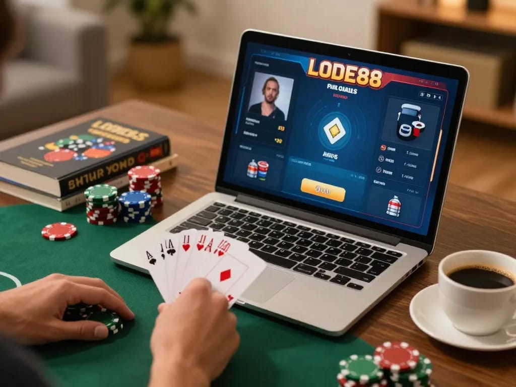 Playing online poker on LODE88 with winning cards displayed on laptop screen in cozy home setting.