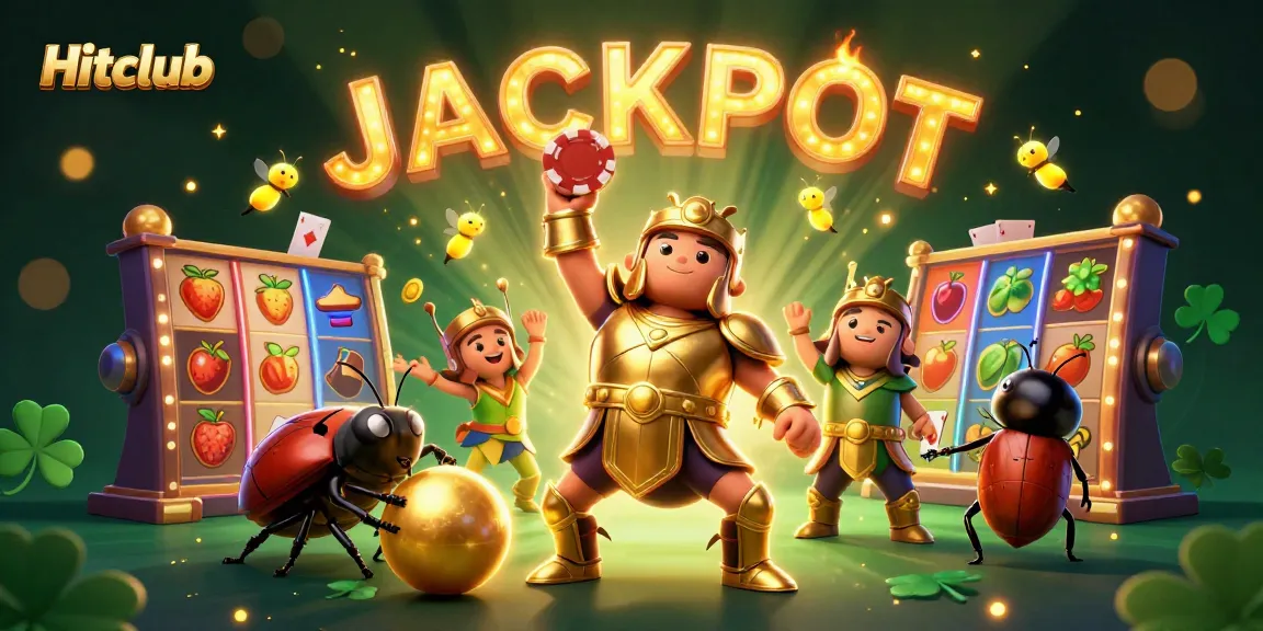 Hitclub's vibrant gaming scene featuring a victorious beetle in poker armor surrounded by slot games and glowing symbols.