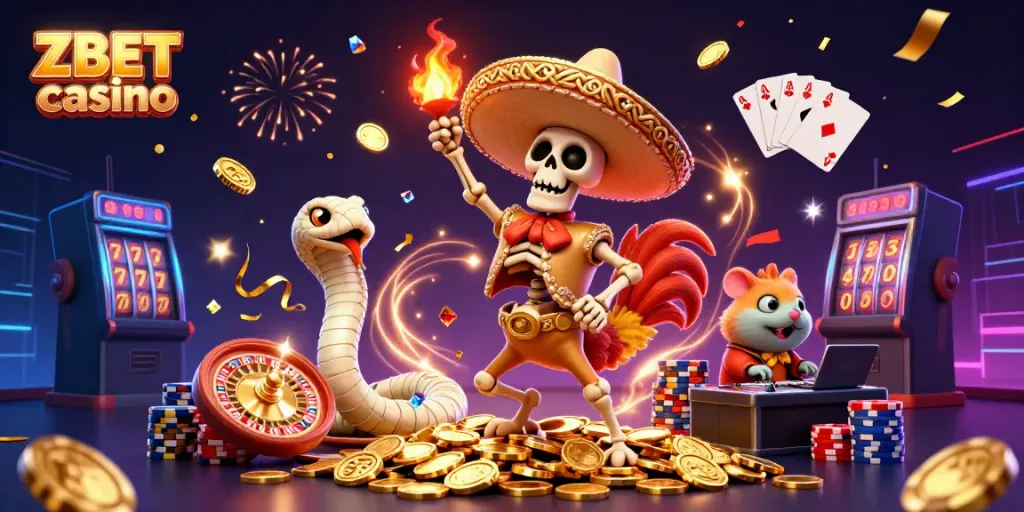 Experience the thrill at ZBET casino with a vibrant 3D scene of lively characters celebrating amidst gold and games.