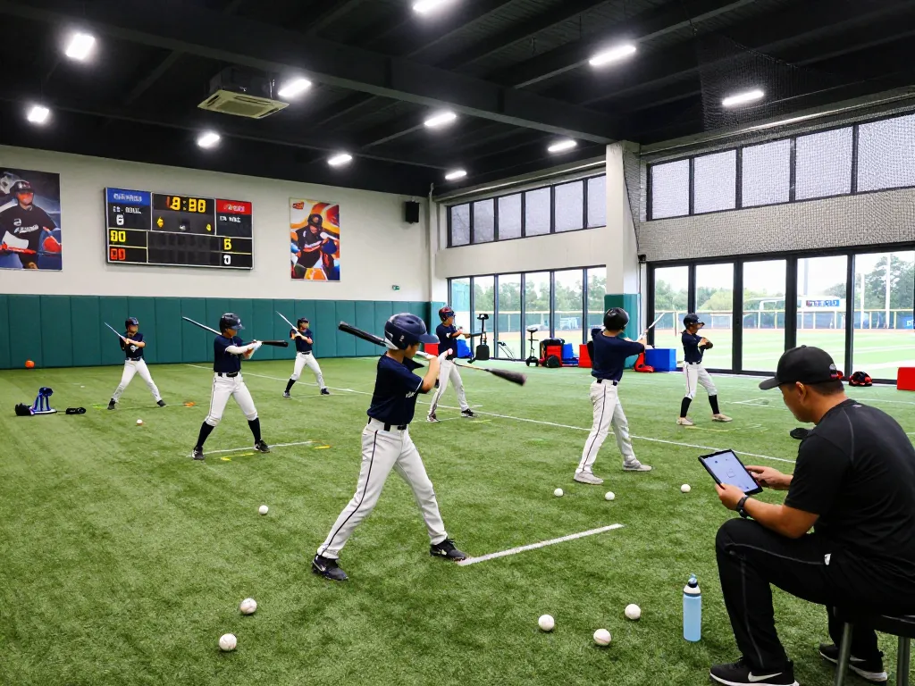Youth athletes training at hitclub baseball facility focusing on batting practice with coaches
