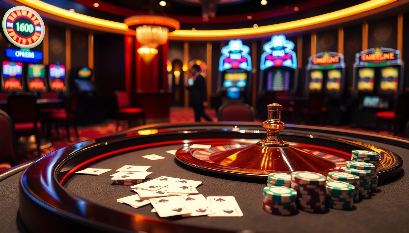 ONE88 casino table scene showcasing luxury gaming with vibrant cards and poker chips.
