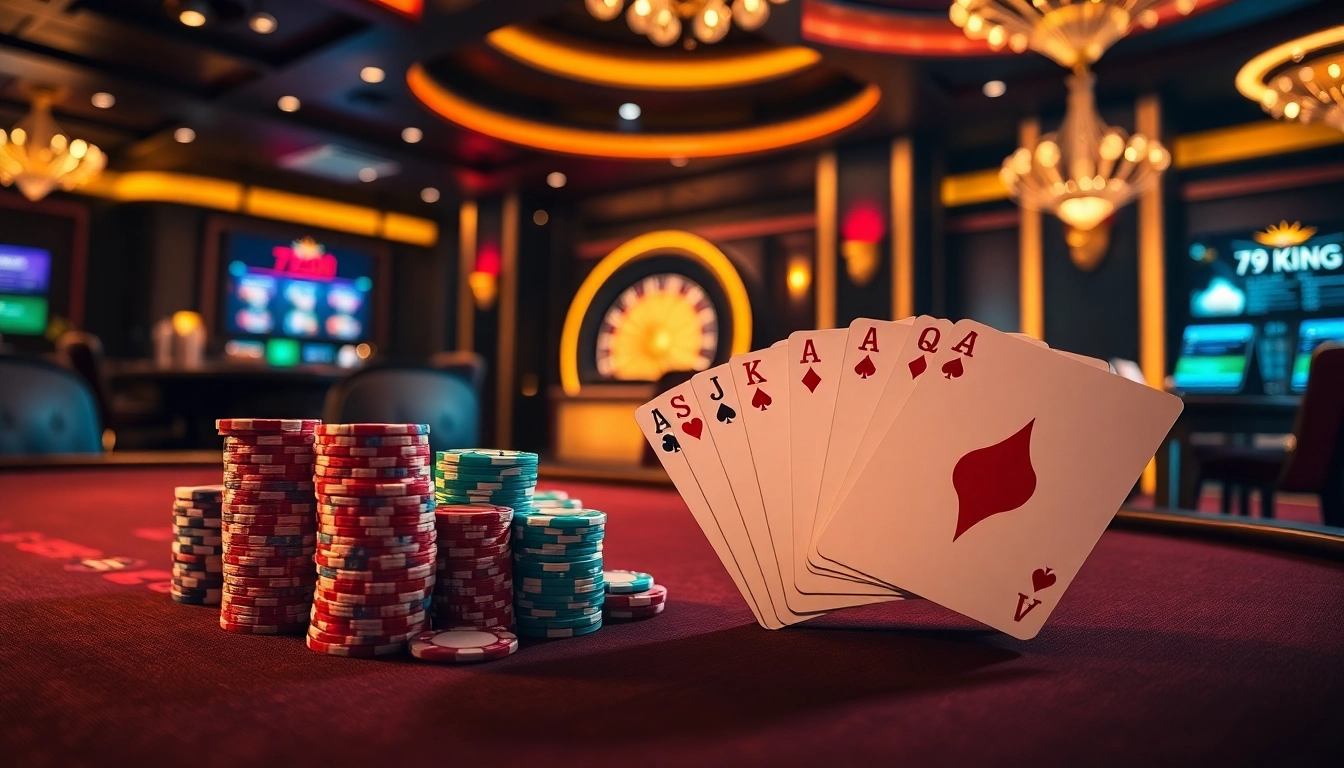Experience the excitement of gambling at 79king's luxurious poker table with vibrant chips and cards.