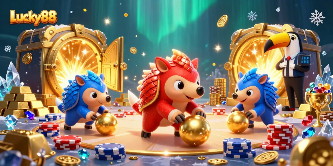 Experience thrilling gameplay with Lucky88 as pangolins roll through poker chips in a vibrant casino scene.