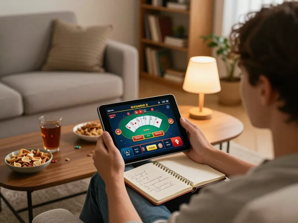 Player engaging with UK88 online casino on tablet, cozy home atmosphere with betting strategies visible