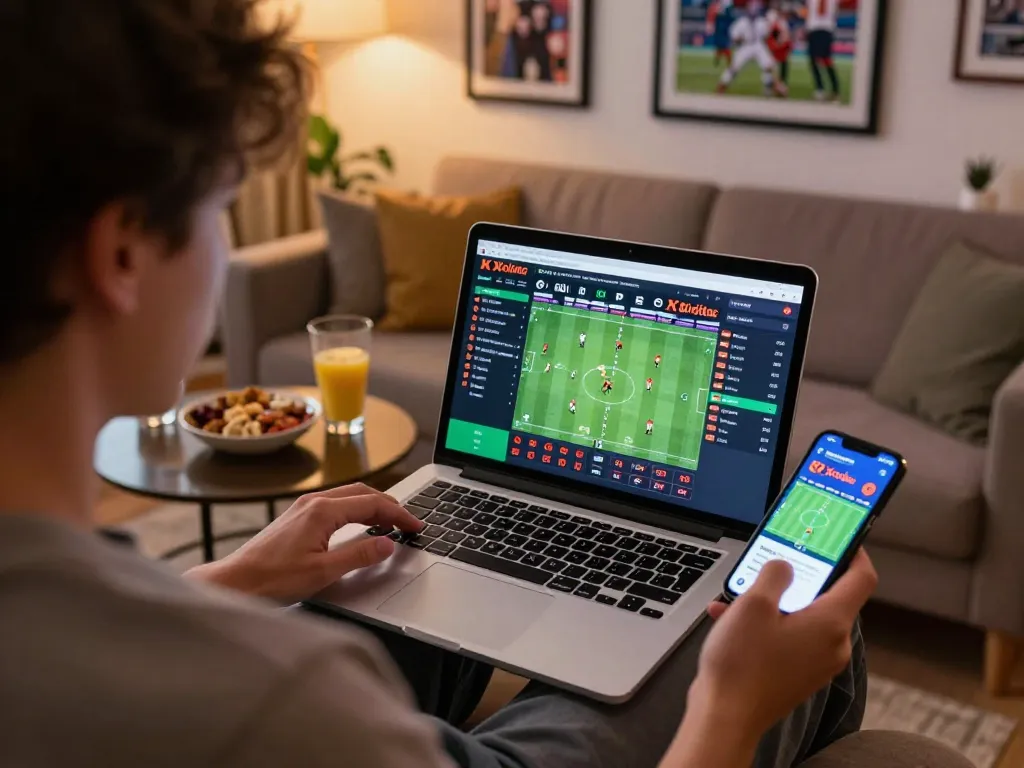 Xoilac sports betting experience with person analyzing odds on laptop