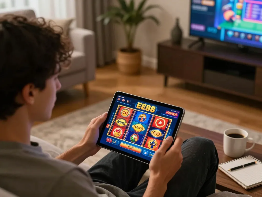 Engaging user playing casino games on the ee88 app at home in a cozy atmosphere