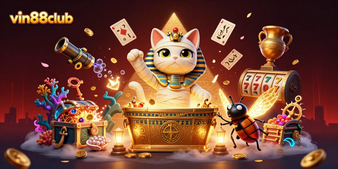 Experience vin88club excitement with a dynamic 3D casino scene featuring Egyptian-themed characters.