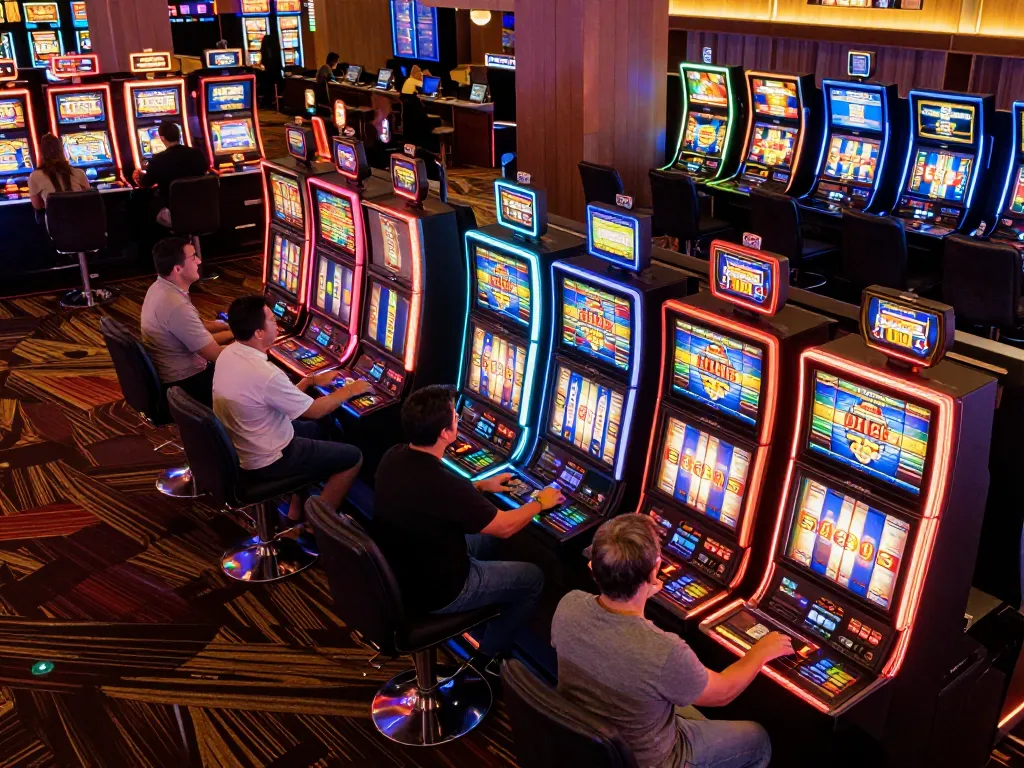 Players enjoying slot machines at 79king casino, colorful lights enhancing the gaming atmosphere.