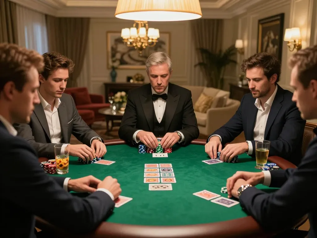 VU88 poker players focused on strategy with chips stacked high, luxury home setting.