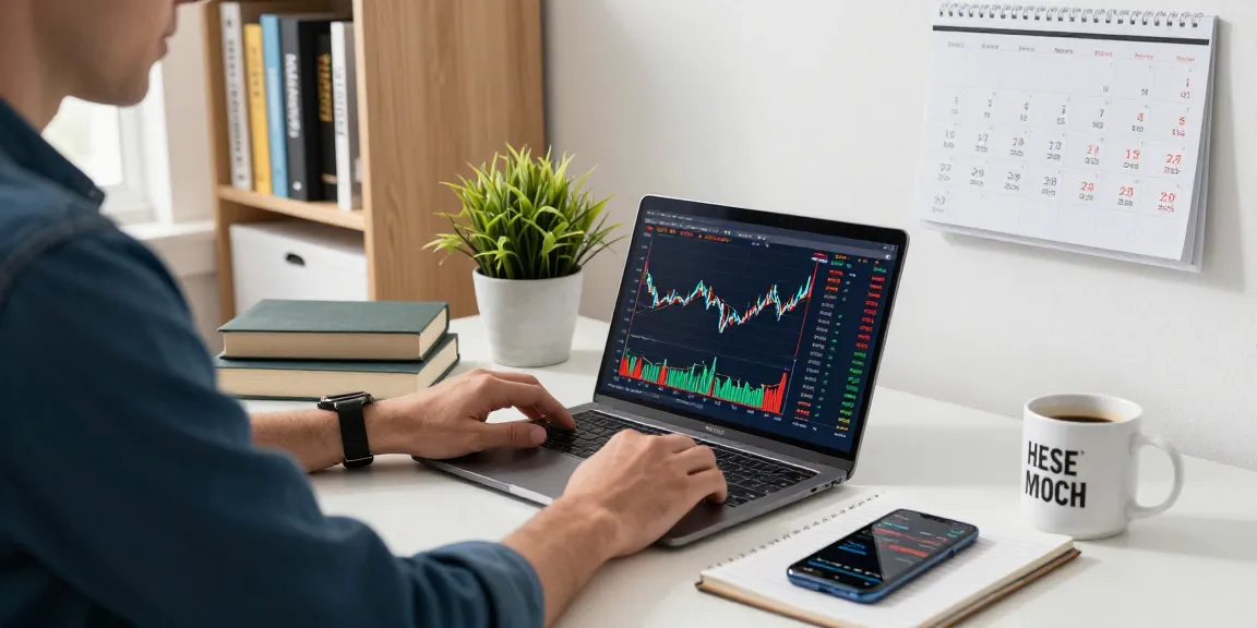 Investing in Indexfonds: Individual analyzing stock charts in a modern office with financial books and notes.
