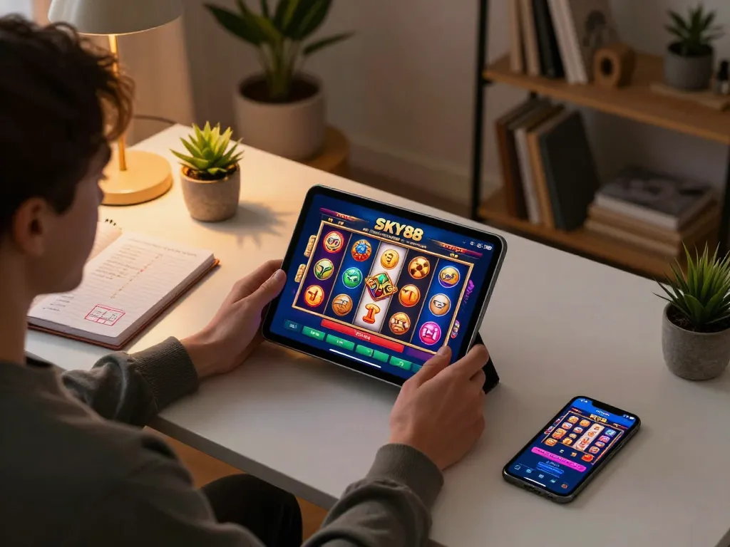 SKY88 online gaming session with an individual using a tablet showing colorful slot machine game.