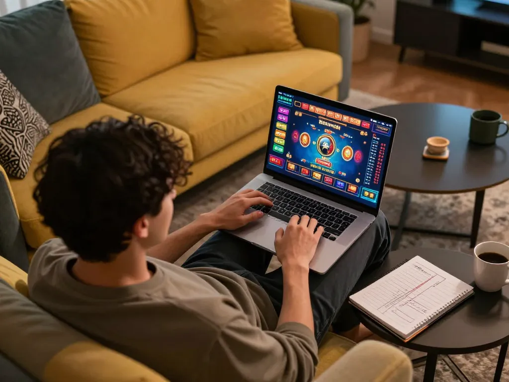 Player enjoying online casino gaming on a laptop for lc88, fostering responsible gambling habits.