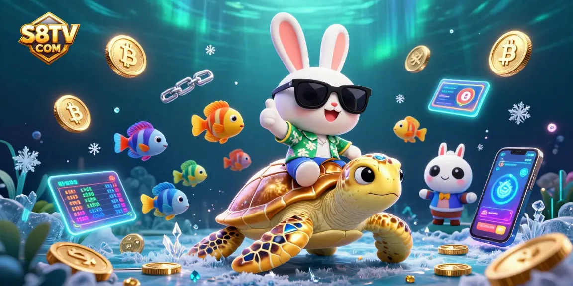 S8TV COM offers thrilling betting action with a lively rabbit and turtle in an underwater casino scene.