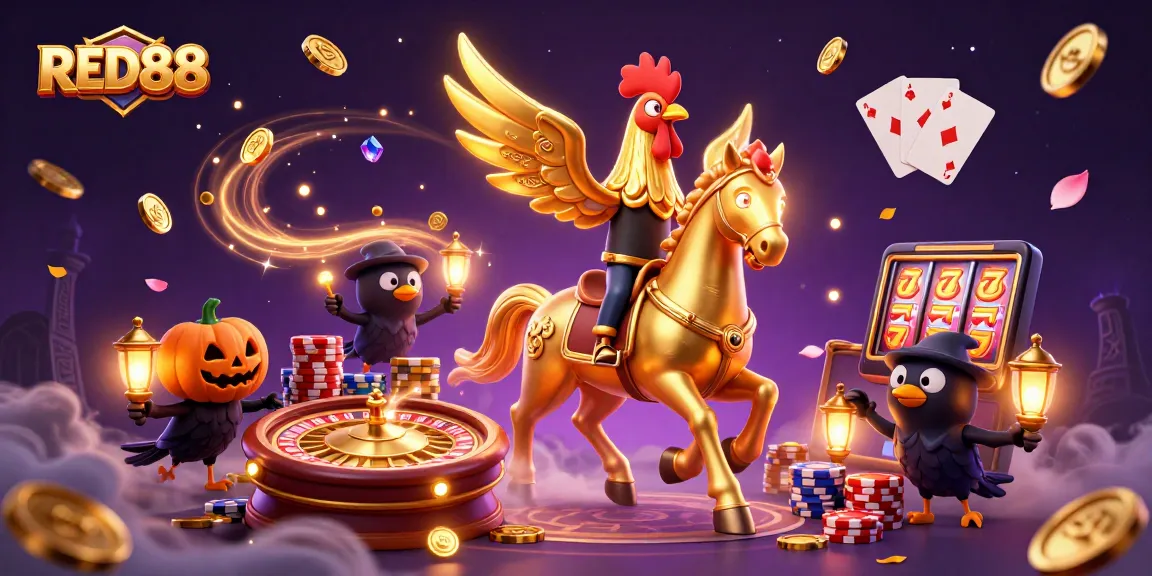 Reveal exciting wins with RED88 in this vibrant casino scene filled with games and golden treasures.