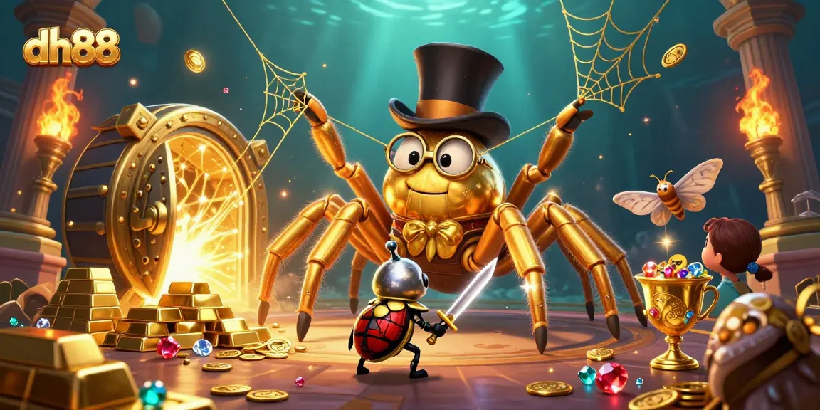 Engage with dh88's exciting games while watching a golden tarantula and beetle knight in a vibrant casino scene.