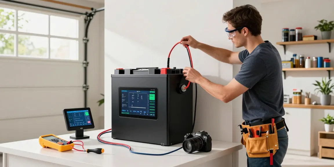 A person installing a batterie lifepo4 in a modern garage, showcasing energy storage solutions.
