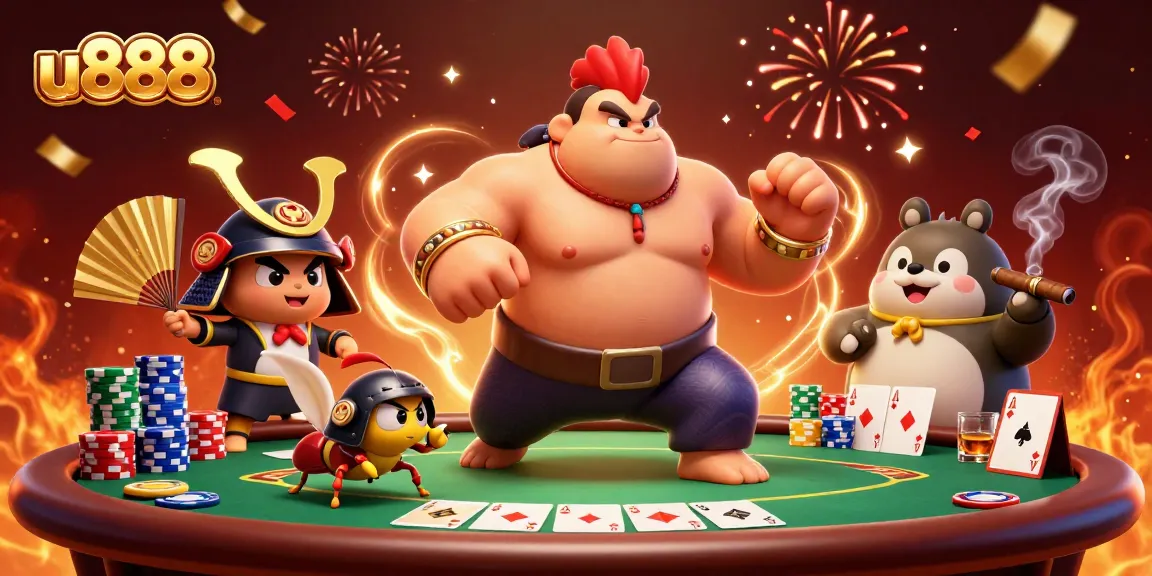 u888 gamblers celebrate at a vibrant poker tournament with an energetic rooster and cricket