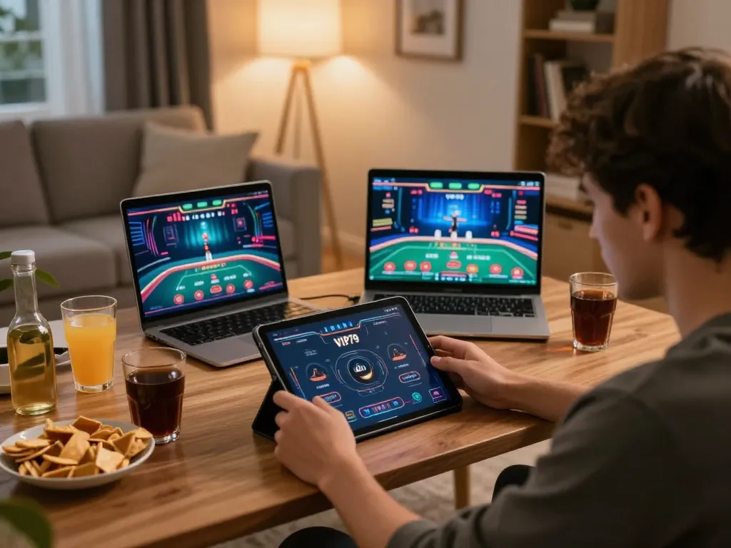 Player engaging with the VIP79 online casino app on a tablet in a cozy home setting, showcasing strategic gameplay.