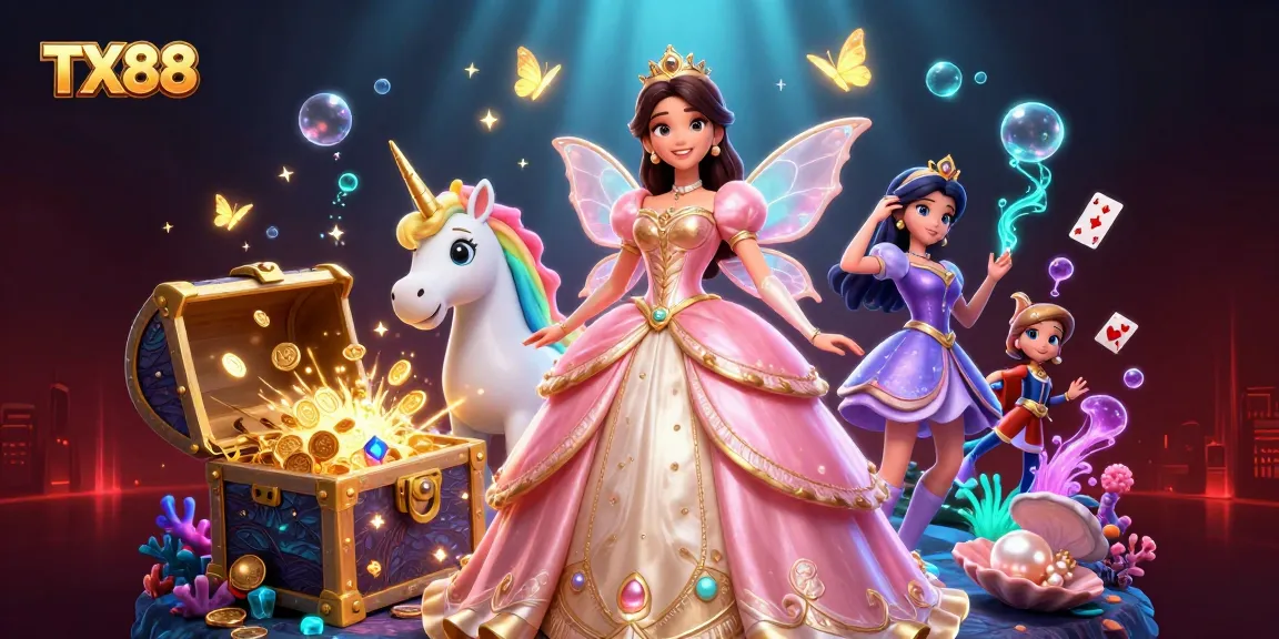 Experience vibrant casino thrills at TX88 featuring an enchanting Asian princess, unicorn, and treasure!