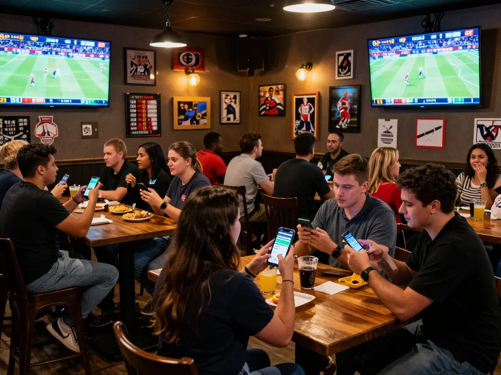 Sports betting excitement with tỷ lệ kèo nhà cái hôm nay displayed on smartphones in a lively bar setting