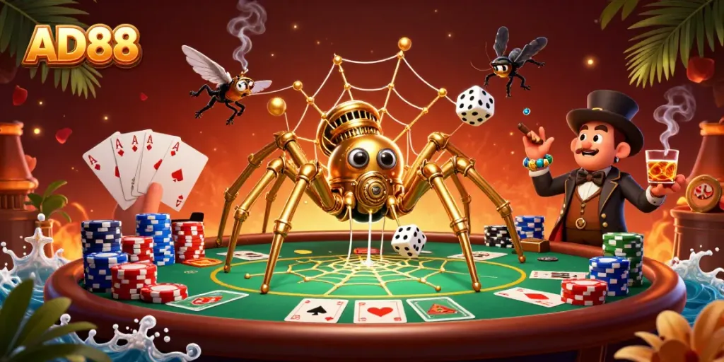 Engage with AD88's exciting casino gaming, featuring a steampunk spider and poker elements.