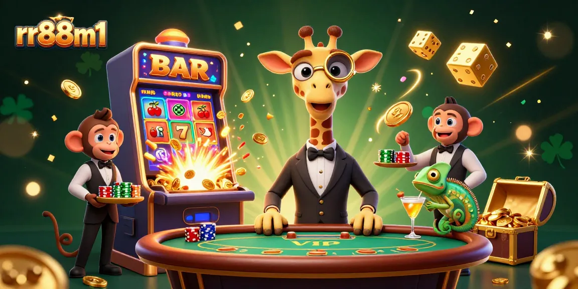 Engage with the excitement of rr88m1 at a dynamic casino scene featuring high-roller giraffe and jackpots.