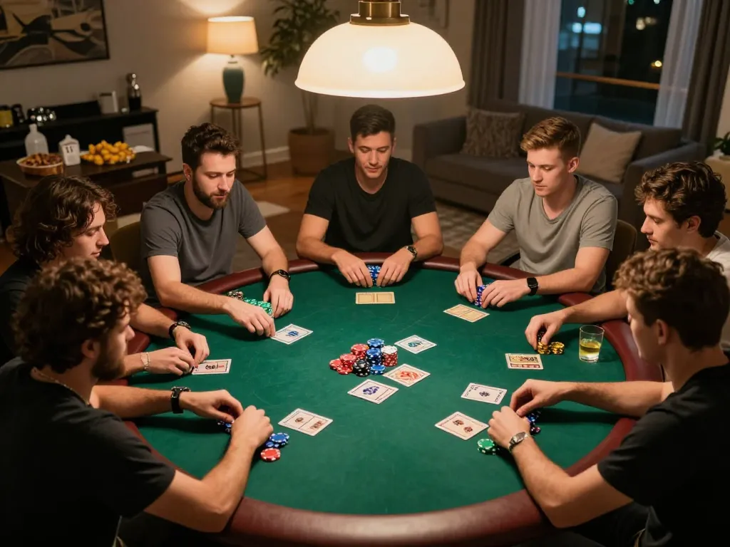 Engaged players strategizing during a pivotal b52 poker night with colorful chips and warm atmosphere.