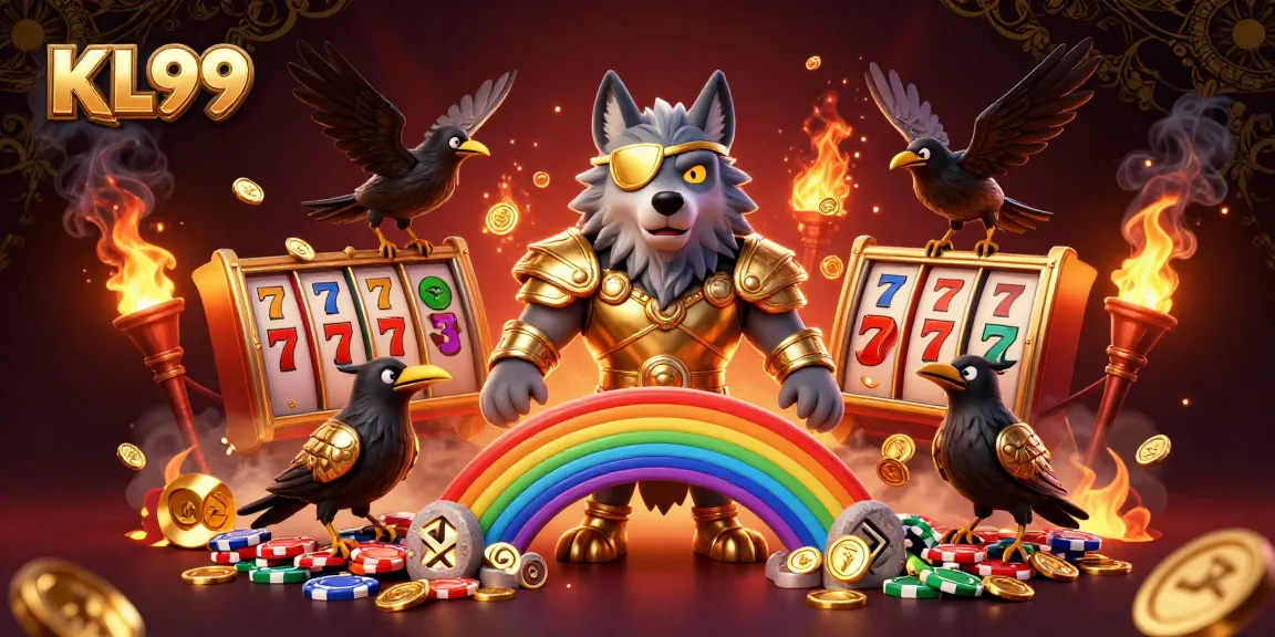 KL99 wild wolf guarding a casino jackpot scene with mythological elements surrounding dynamic game action.