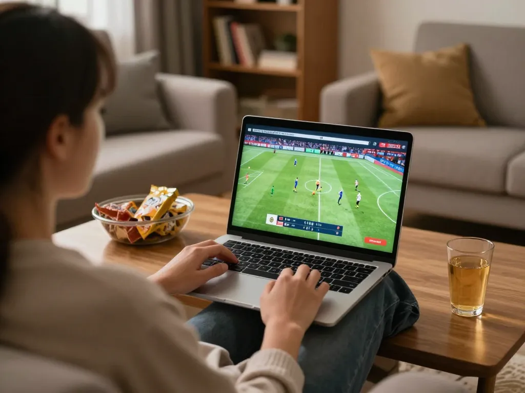 Enjoying the game with detailed kết quả bóng đá displayed on laptop screen in a cozy home setup