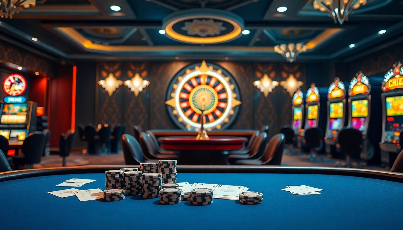 Gambling scene illustrating Nhà cái uy tín with poker chips on a luxurious casino table.