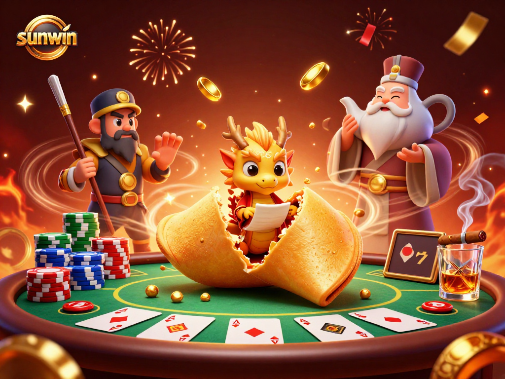 Experience winning moments at sunwin with a vibrant 3D casino illustration featuring golden fortunes and poker.