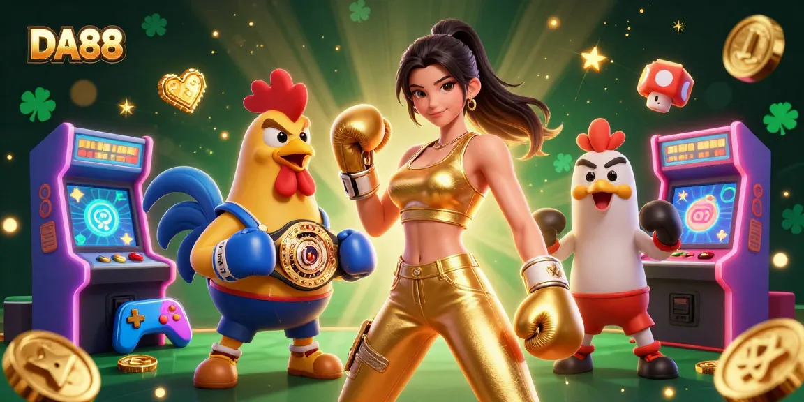 Engage in thrilling gaming at DA88 with a champion rooster and powerful boxer amidst vibrant gaming elements.