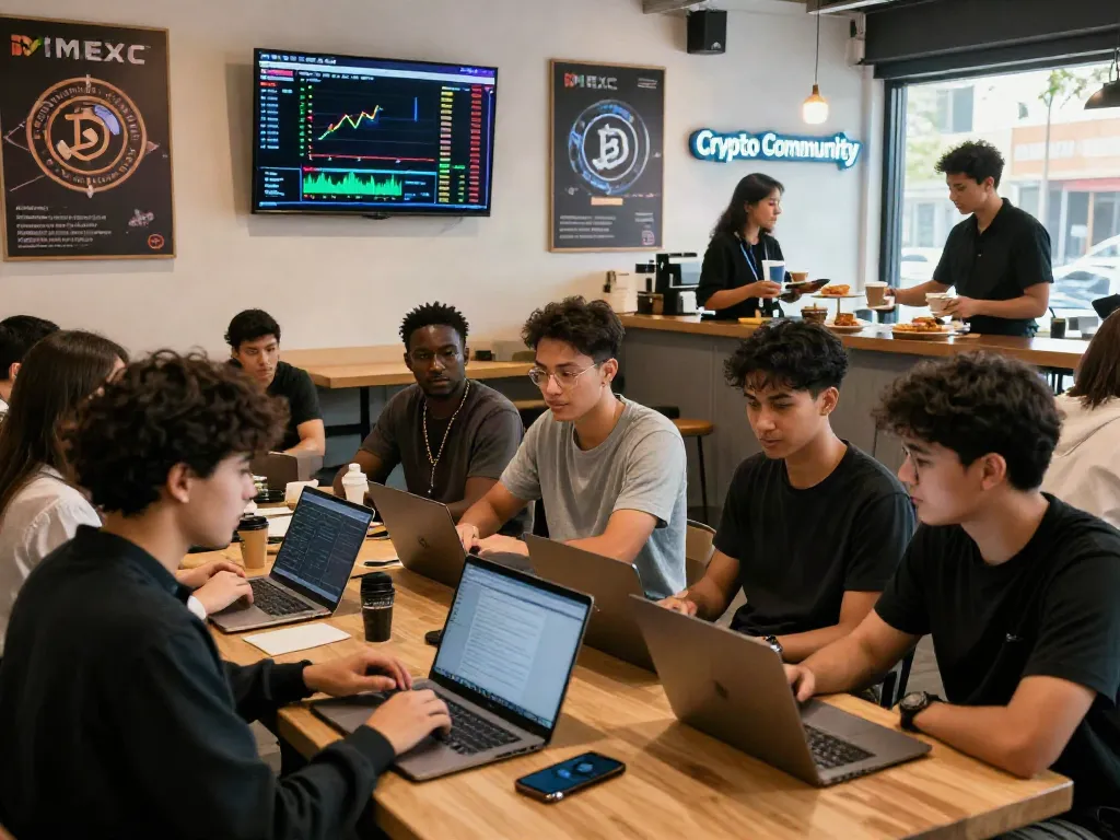 MEXC referral code discussions among crypto enthusiasts in a vibrant cafe with trading tools and MEXC branding.