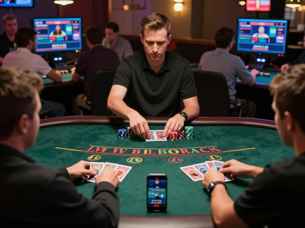 Players engaged in an online blackjack game on j188 with strategic bets placed and vibrant gameplay